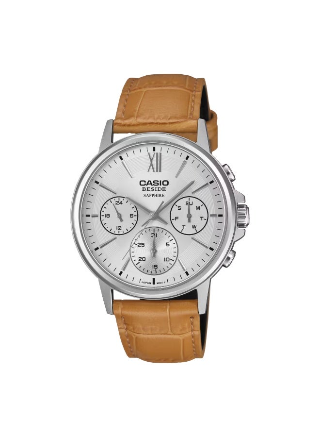 Beside Analog Men's Watch BMS-300L-5AVDF, 46mm Silver Dial, Brown Leather Strap, 50 m WR